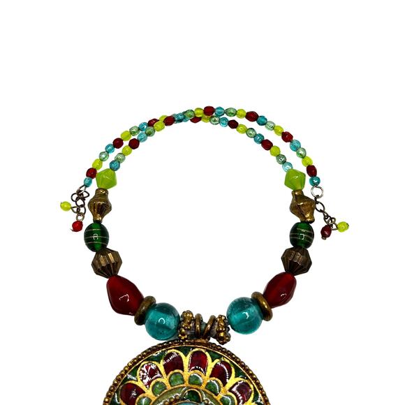 VTG Y2K Boho Chic Enameled Brass Medallion Choker Necklace Artsy Bohemian - Picture 4 of 7